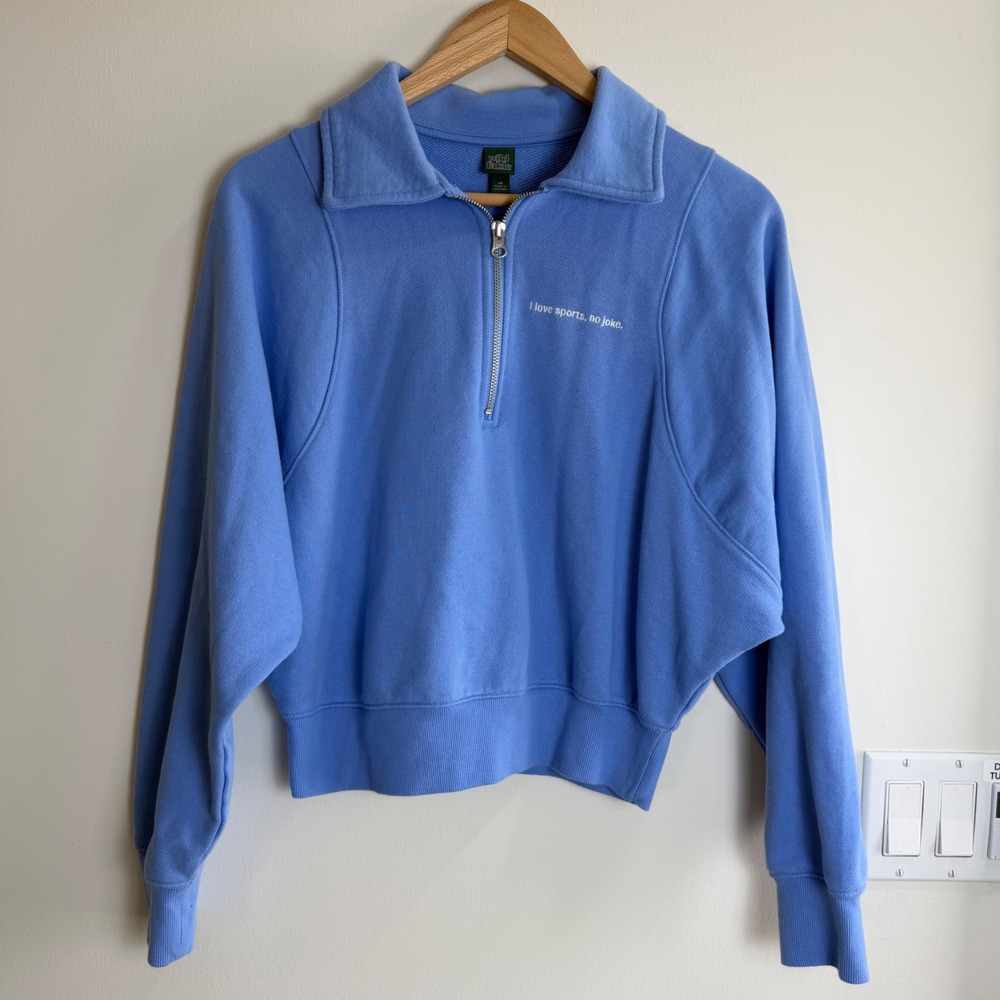 Wild Fable I Love Sports Graphic Quarter Zip Sweatshirt Blue Womens XS Cropped